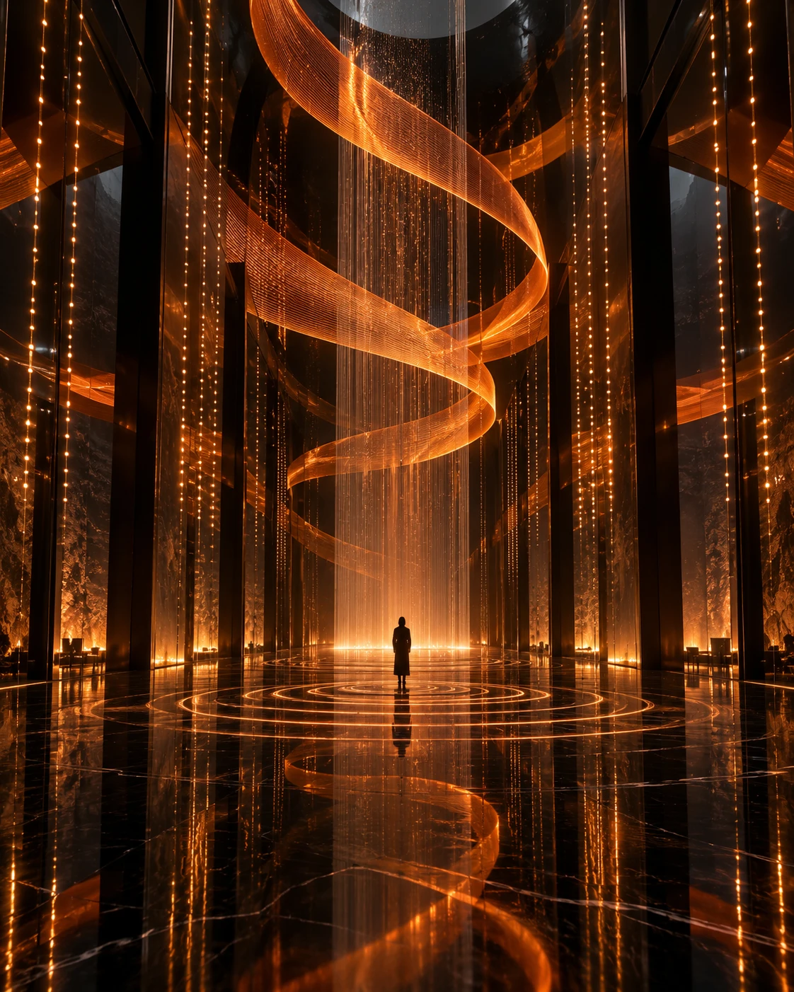 Concept art of an immersive light installation with glowing ribbons and a responsive floor